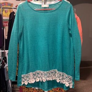 Altar'd State Teal Long Sleeve with White Lace Hem (Fits like a M/L)